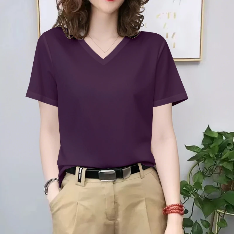 新爆款打底衫夏季大码短袖V领女款宽松显瘦百搭纯色打底女士T恤潮