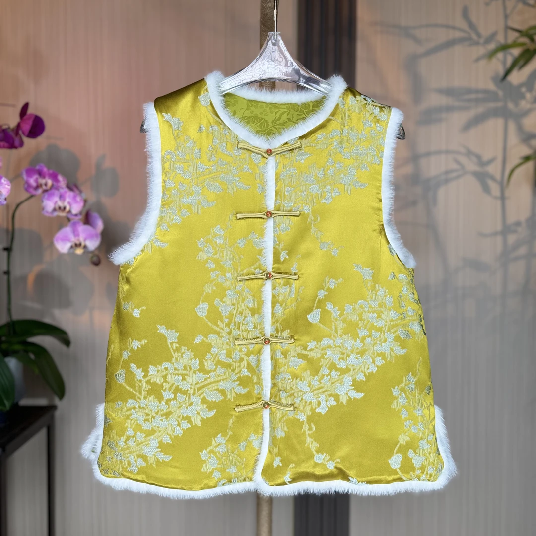 【春意盎然】新中式夹棉水貂毛马甲女一字盘扣复古国风保暖背心