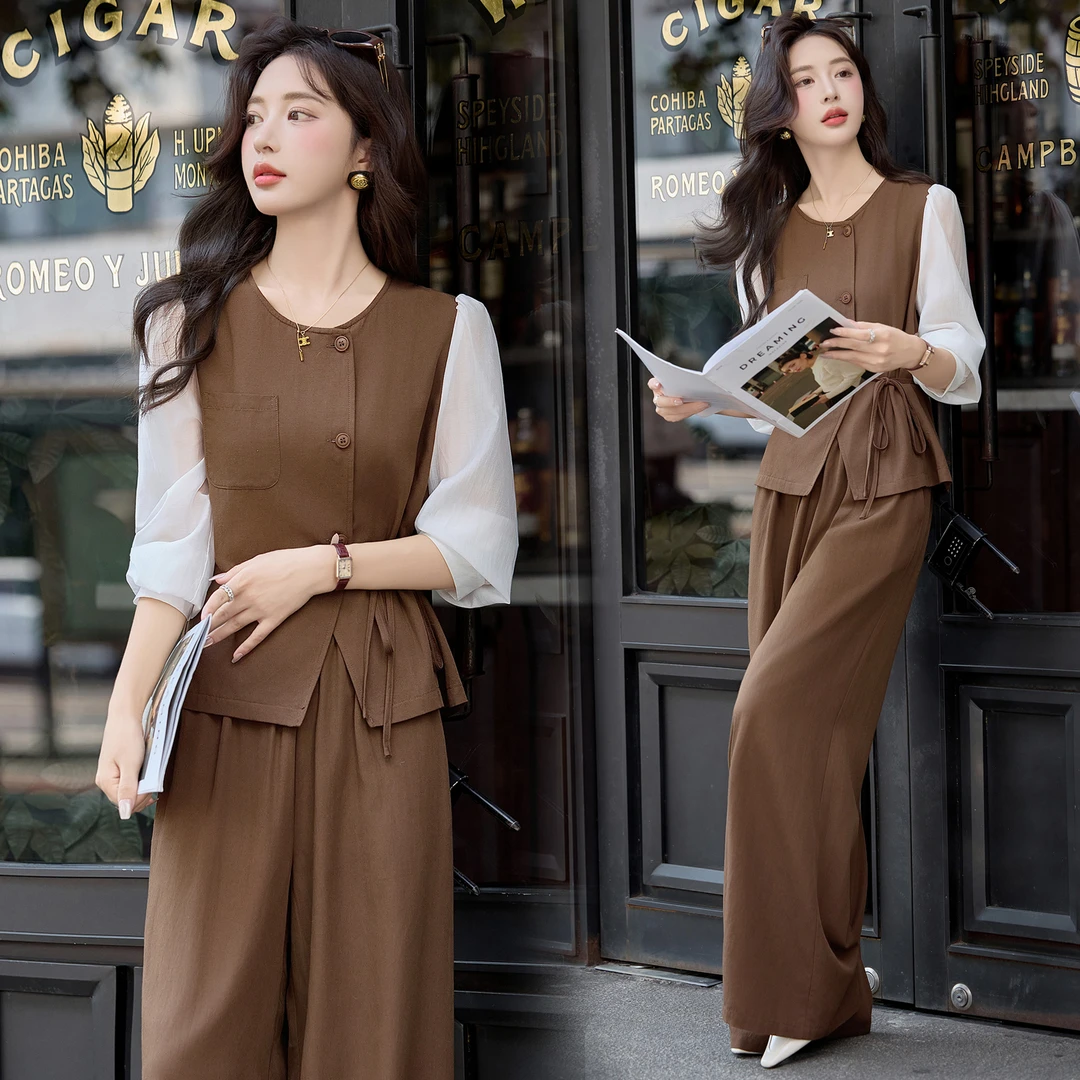 静奢风休闲风时尚两件套装2025秋季女背带秋季阔腿裤马甲秋装显瘦