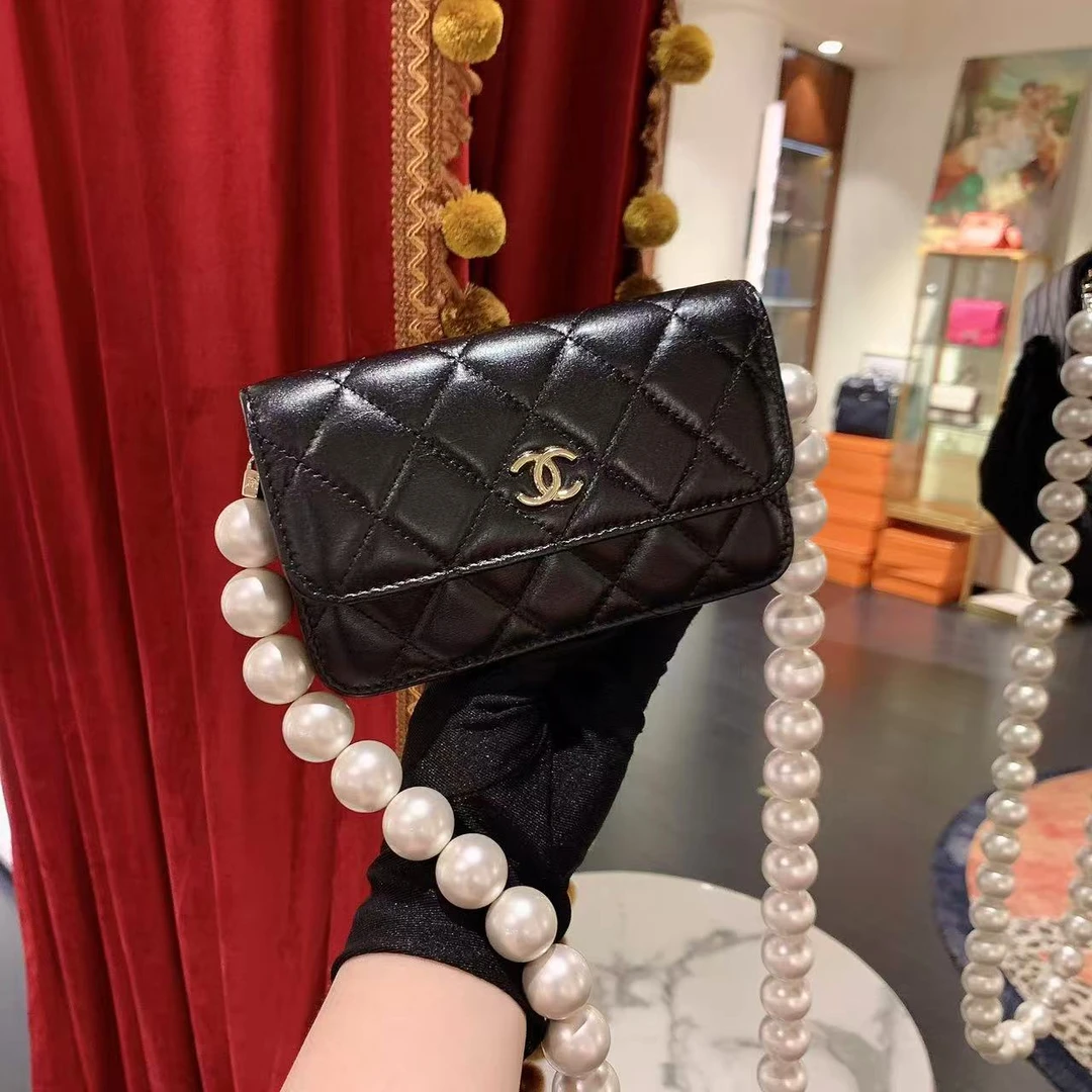 95新 Chanel/香奈儿 珍珠链条woc mini黑金羊皮单肩包/11528894