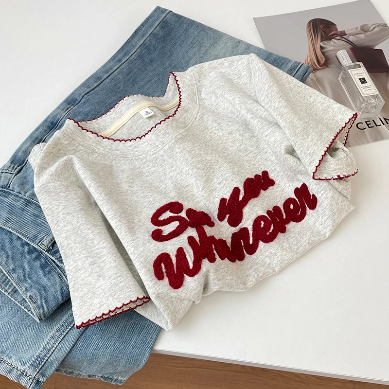 刺绣植绒字母正肩花边短袖T恤女夏季2025新款设计感松弛慵懒上衣