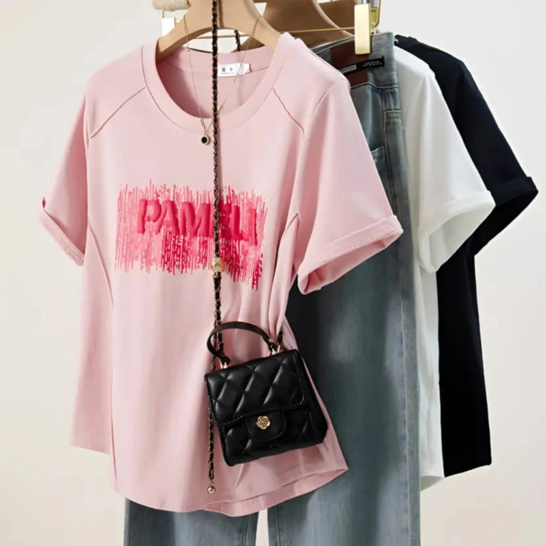 2025夏装新款胖mm大码女韩版简约百搭正肩印花字母短袖T恤