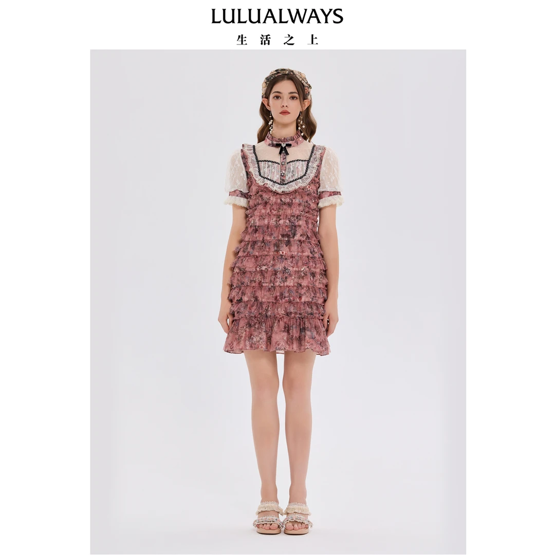 LULUALWAYS我爱露露25夏季新款法式甜美木耳边蕾丝拼接提花连衣裙