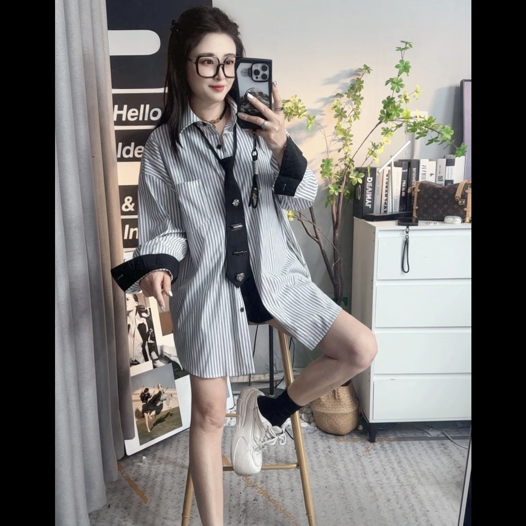 【曾姐严选】休闲宽松潮流痞帅袖口拼接色条纹衬衫