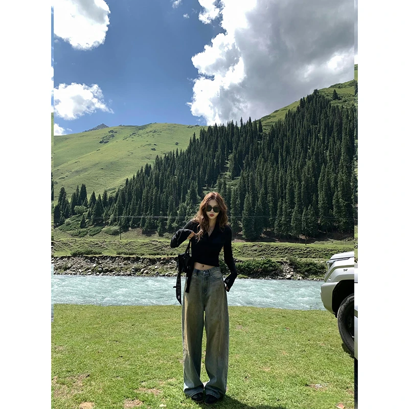 2025春季新款简约时尚黑色百搭修身显瘦长袖针织衫垂感牛仔阔腿裤