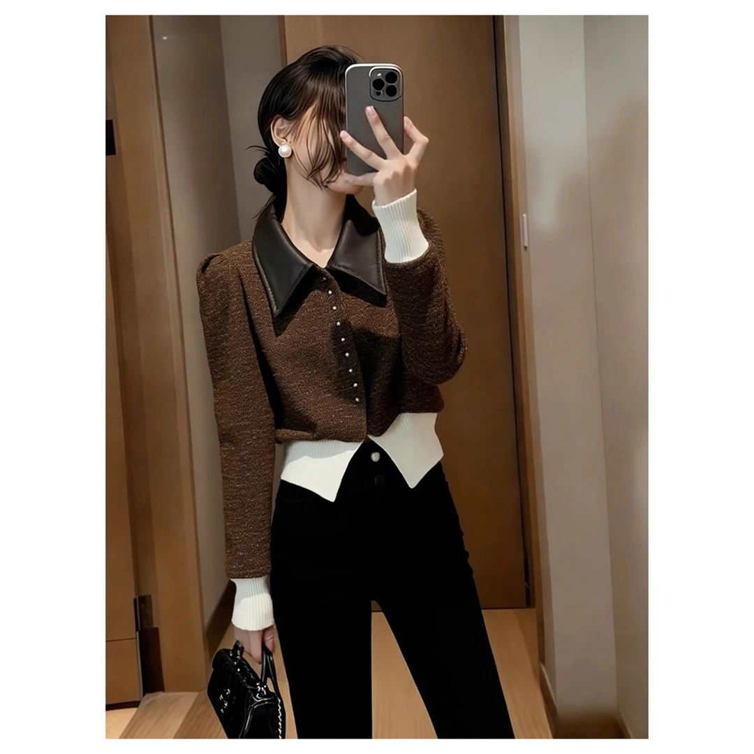 复古风松弛感高级感慵懒POLO单排扣拼色咖色上衣女2025冬毛衣开衫