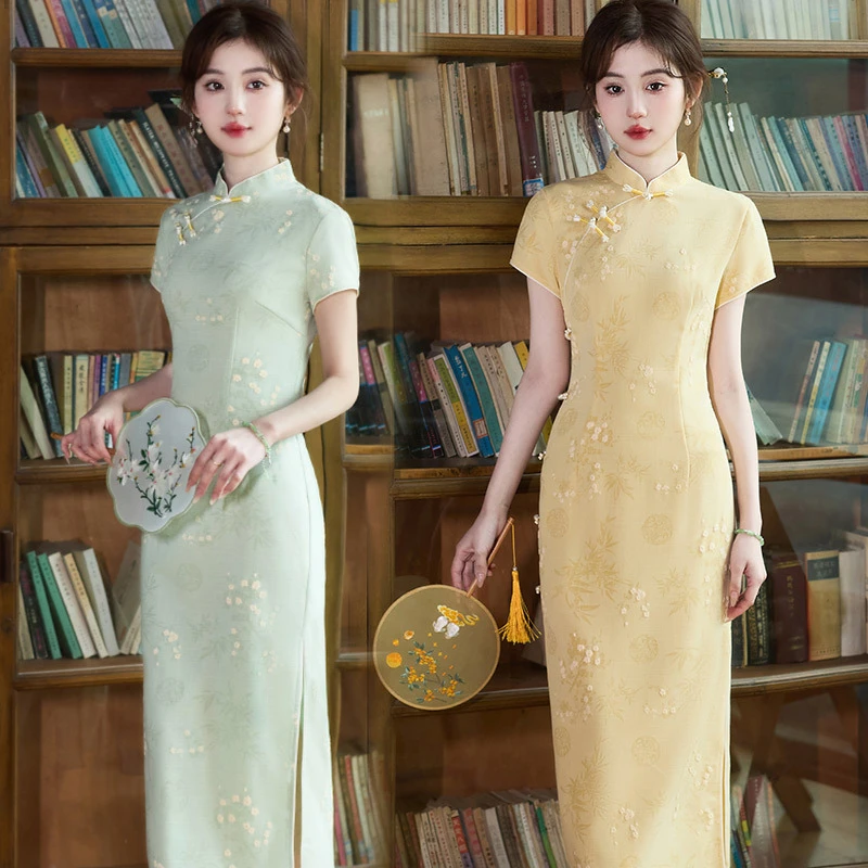 【苏绣】送考日常中式长款旗袍改良年轻款女复古修身短袖夏季