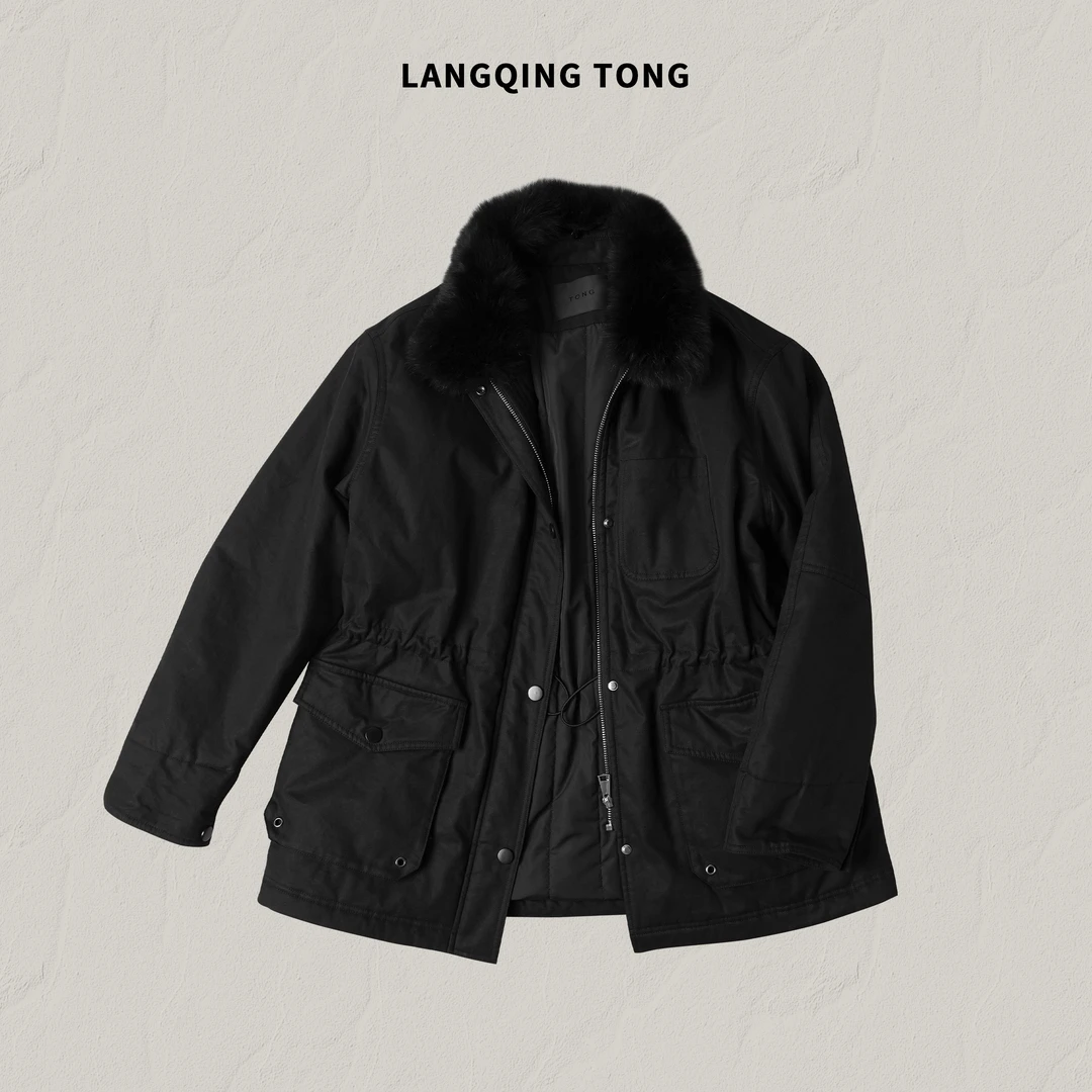 LANGQING 休闲抽绳松紧腰拉链狐狸毛领白鹅绒羽绒服47430#