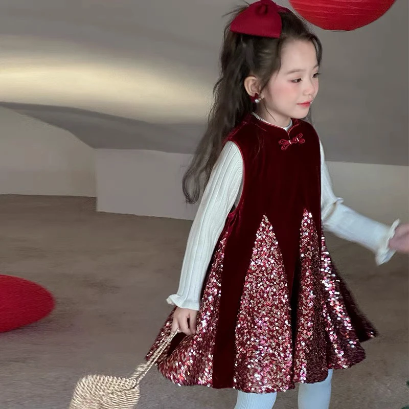 【欢喜】WWLL定制童装冬装新年装女宝宝加绒背带裙女小童旗袍红裙子