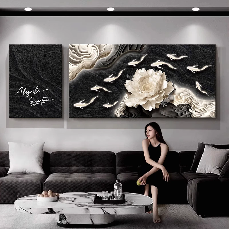 2025新款客厅装饰画九鱼图沙发背景墙挂画高级感适合大白墙壁画