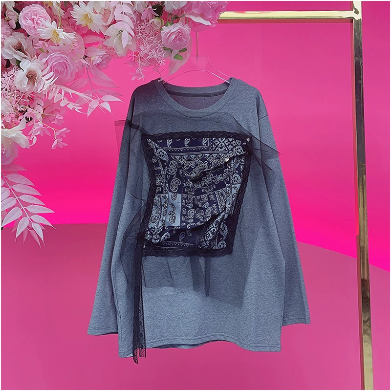 X22638欧美设计师2025秋季新款重工拼接丝巾蕾丝宽松休闲长袖T恤