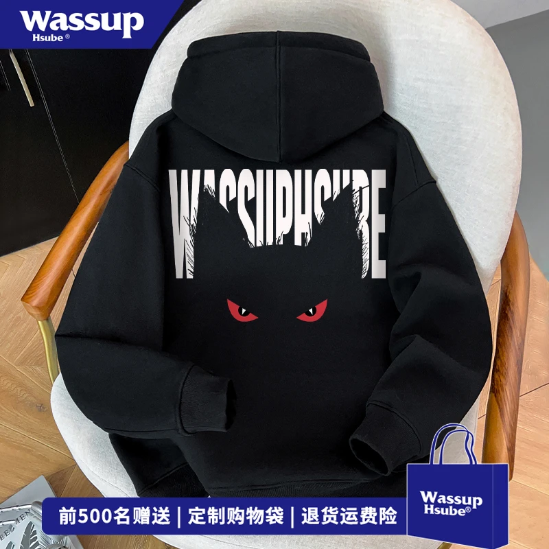 WASSUP HSUBE美式休闲秋冬恶魔猫眼印花连帽卫衣男女潮牌百搭上衣