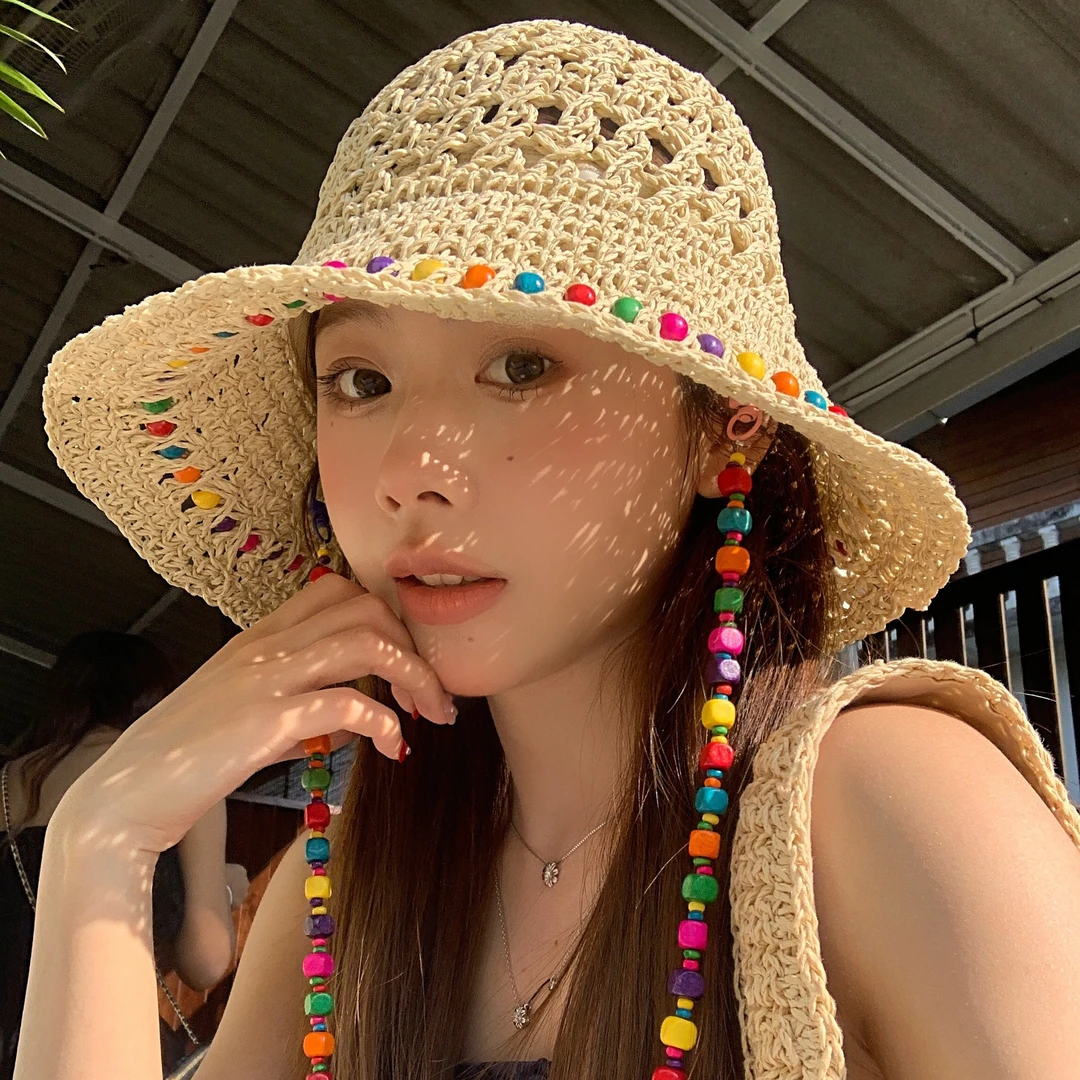 纯萃美2025新彩虹假日彩色木珠女镂空大帽檐遮阳防晒显脸小渔夫帽