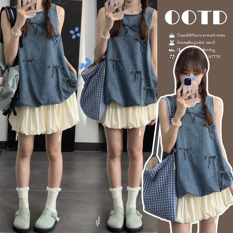 夏季甜美孕妇装洋气立体蝴蝶结牛仔圆领无袖背心夏款上衣