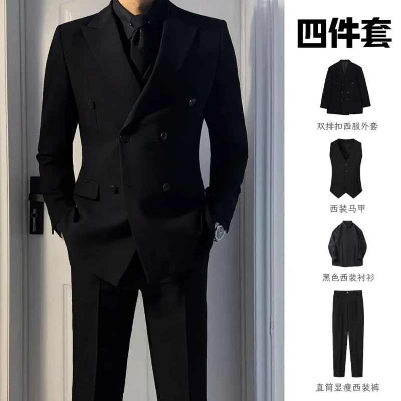 英伦风双排扣西装男套装商务休闲正装新郎结婚礼服高档西服四件套