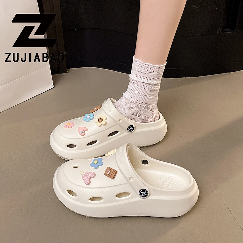 足家宝夏季休闲洞洞鞋少女心厚底半拖凉鞋包头舒适时尚女凉拖鞋
