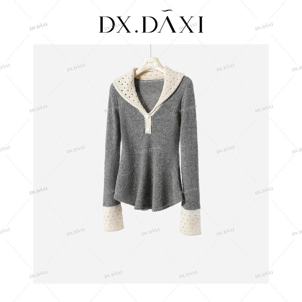 代大喜【温斯顿风铃】修身拼接镂空羊毛针织衫冬季新款时尚气质上衣