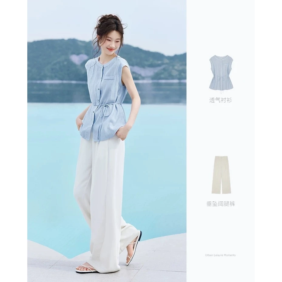 4390#清冷感气质复古立领收腰系带无袖衬衫2025夏季阔腿裤一整套