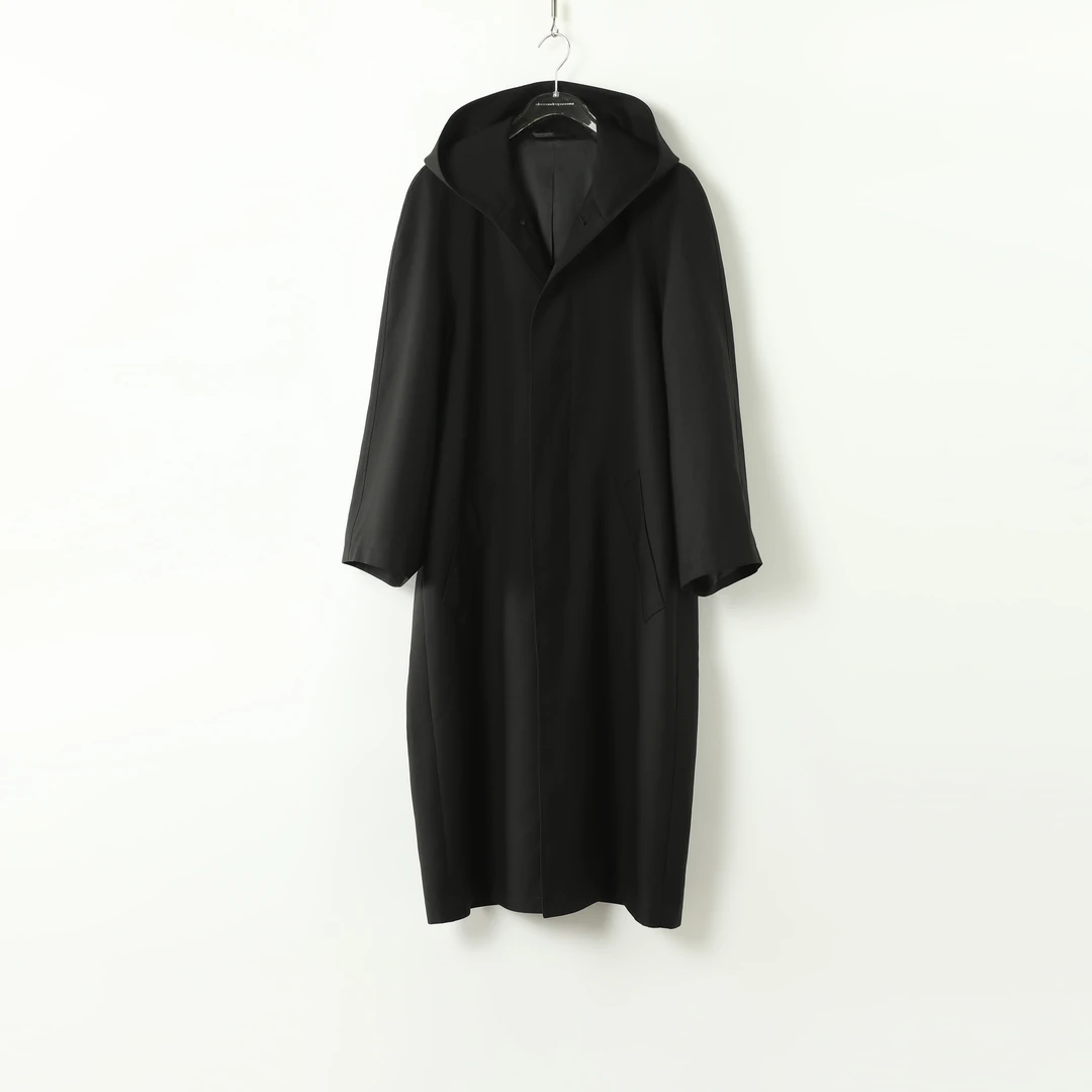 AP洛哥43022DY【夜暮】天丝羊毛连帽黑色极简长款风衣外套2024秋