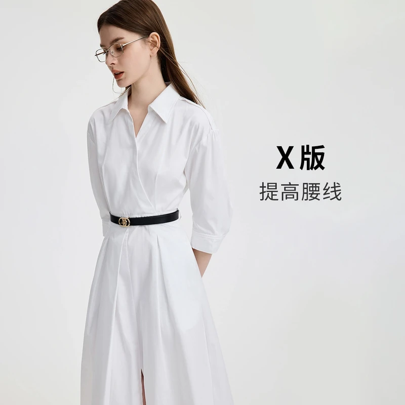 navigare意大利小帆船通勤气质翻领中袖连衣裙女法式收腰中长裙子