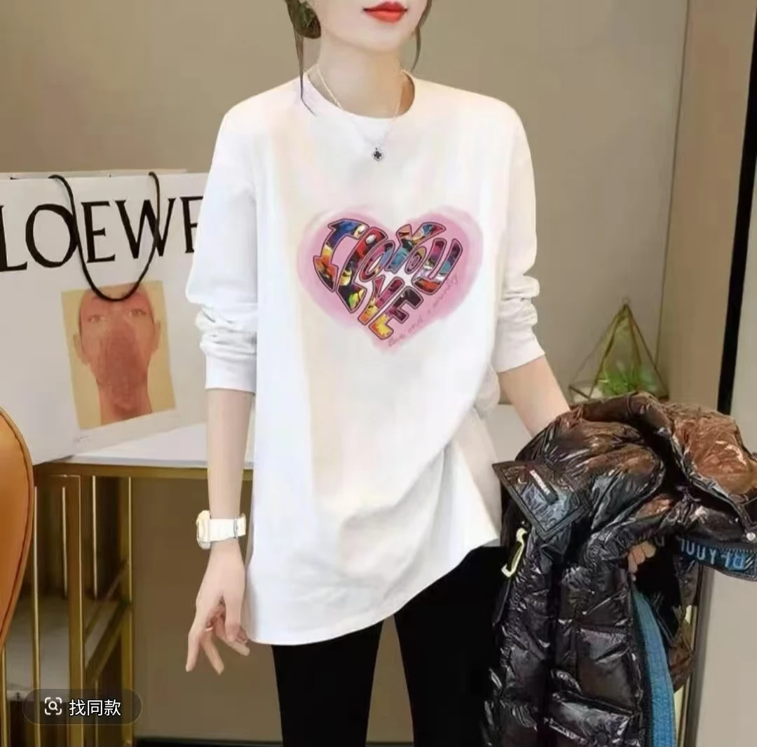 2025新款时尚透气宽松印花圆领长袖—爱心字母