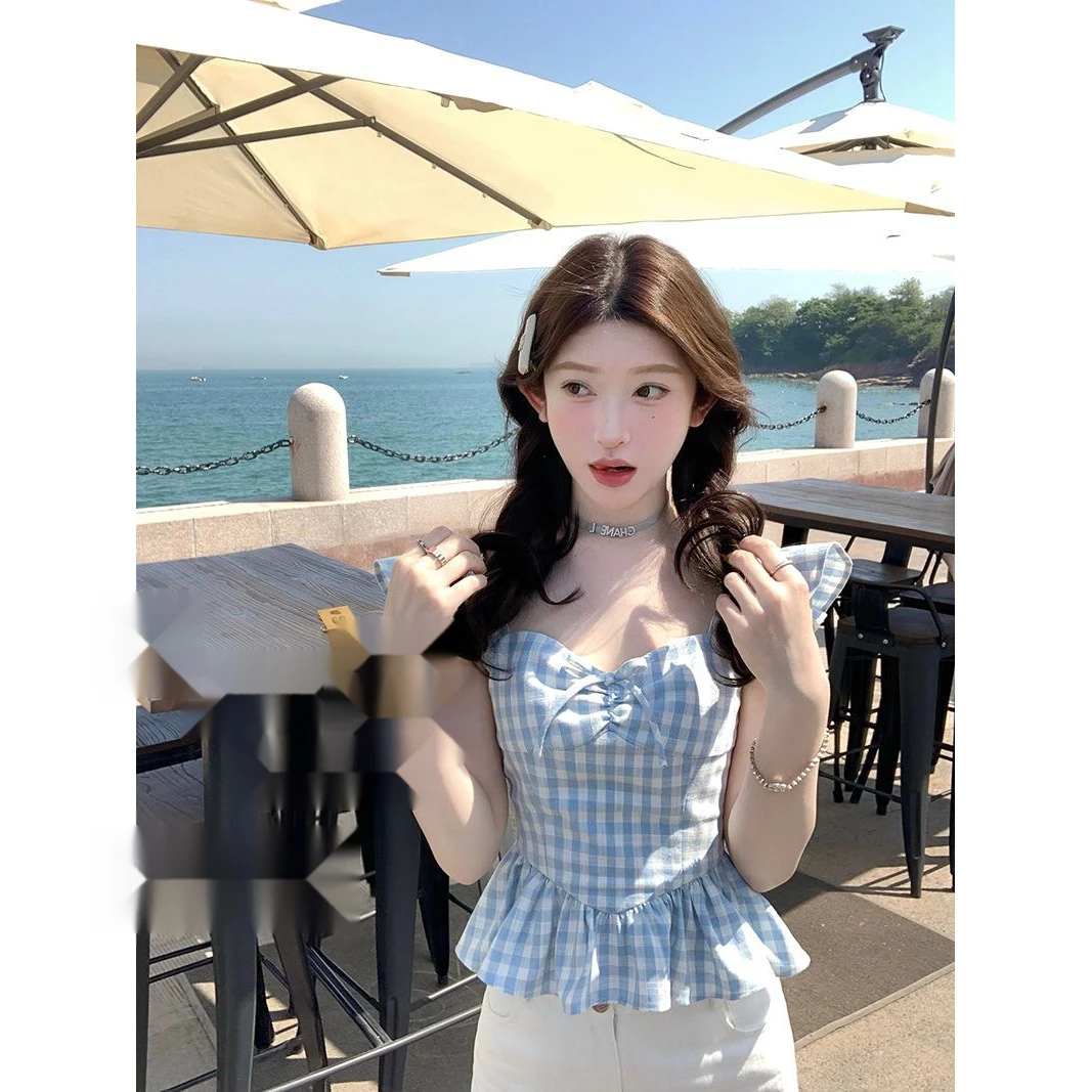 甜美法式清新拼接耳边格子系带无袖上衣蓝色设计背心夏季新睡衣女