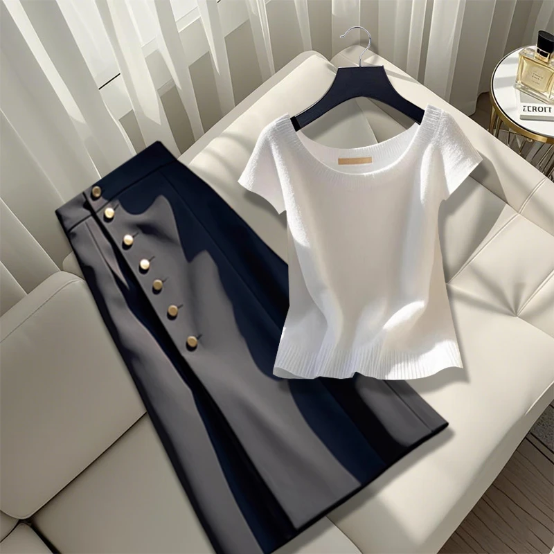 极简风休闲时尚套装夏季简约白色T恤慵懒风排扣H型半身裙两件套女