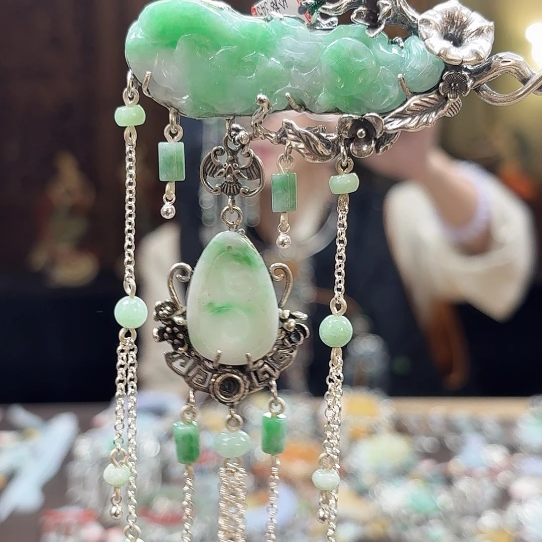 翡翠银S925镶嵌发簪发簪