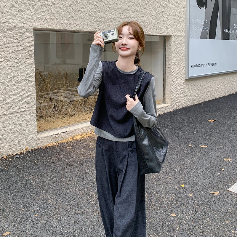 早春高级感穿搭灰色马甲长裤套装女2025新款韩系休闲阔腿裤三件套