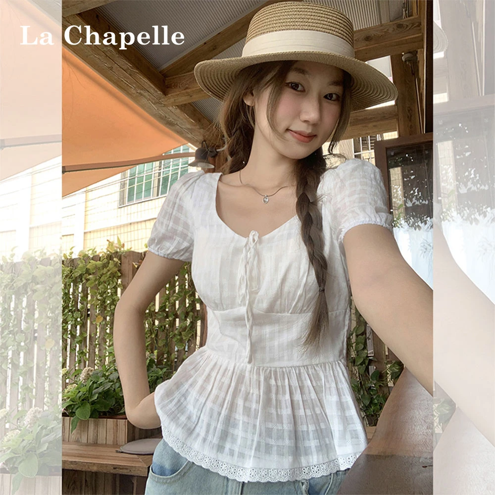 拉夏贝尔2025新款方领t恤短袖女夏背后系带设计感掐腰泡泡袖上衣