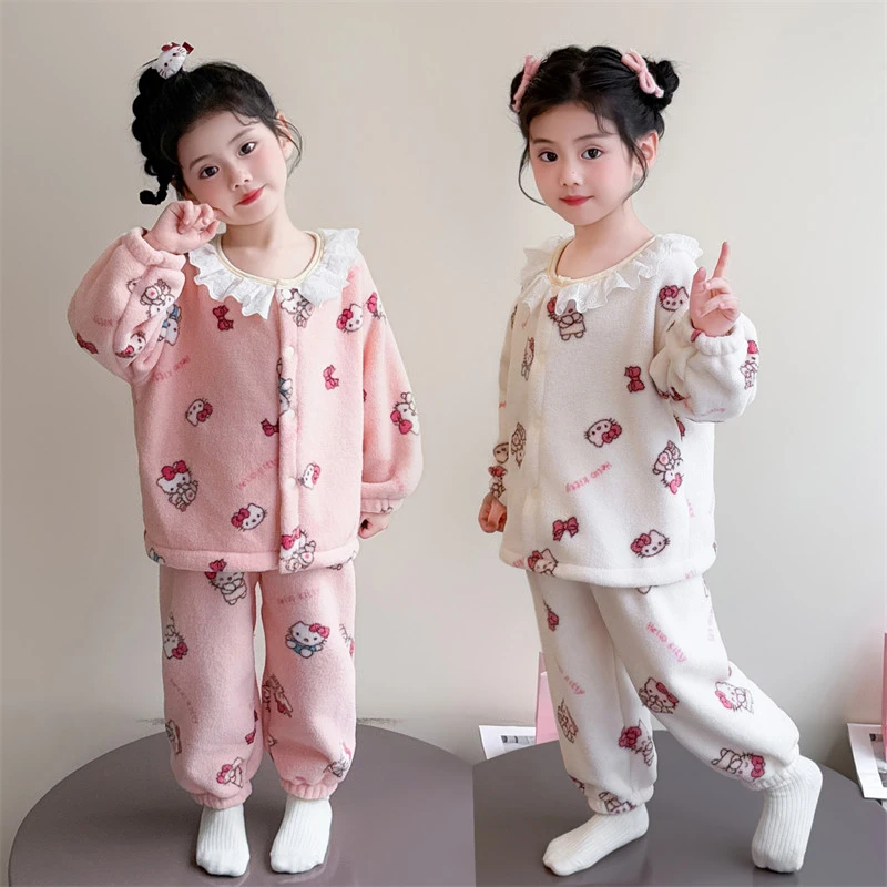 儿童睡衣女孩珊瑚绒秋冬宝宝开衫套装公主洋气法兰绒女童家居服冬