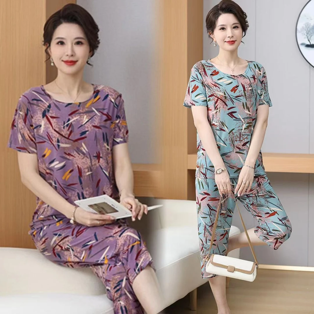 夏季冰丝妈妈套装宽松加大弹力睡衣凉爽短袖衣中老年奶奶爆款棉绸