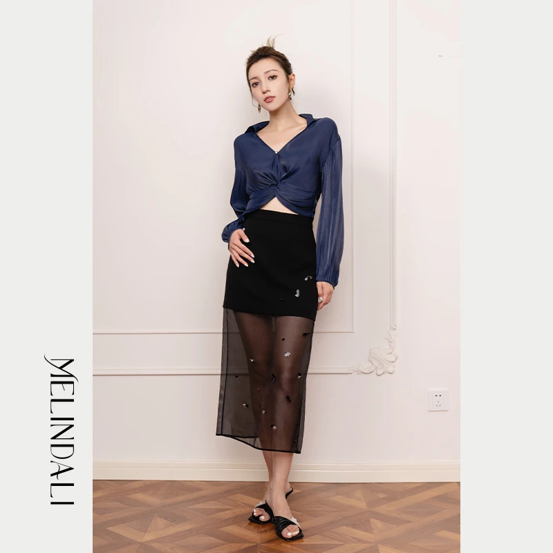 MelindaLi【遐想】欧根纱醋酸缎面拼接设计感手工钉珠半身裙
