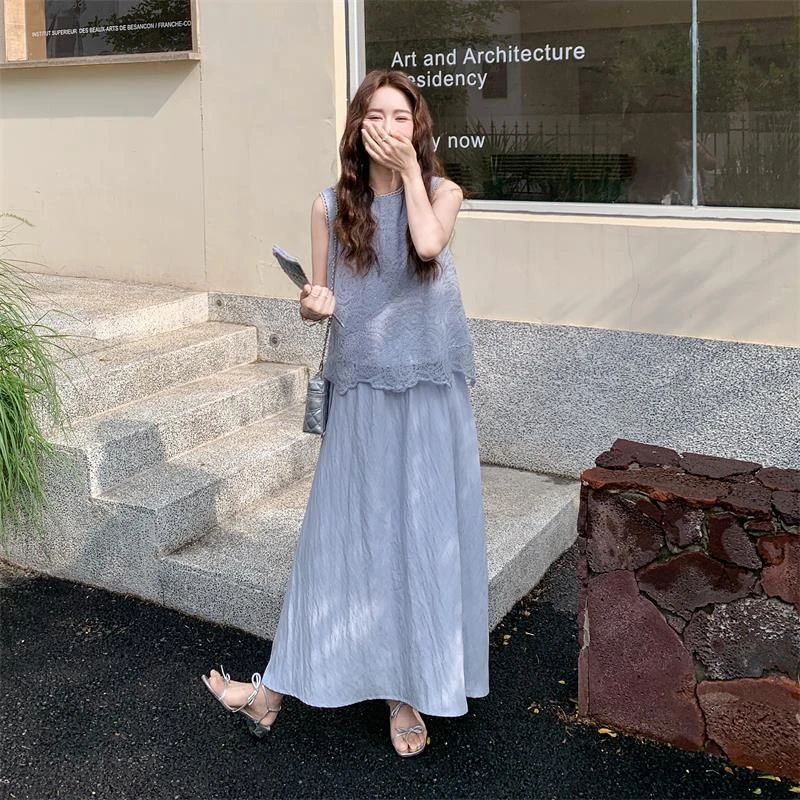 法式灰蓝色蕾丝背心半身裙套装女夏2025新款两件套夏日漂亮巨好看