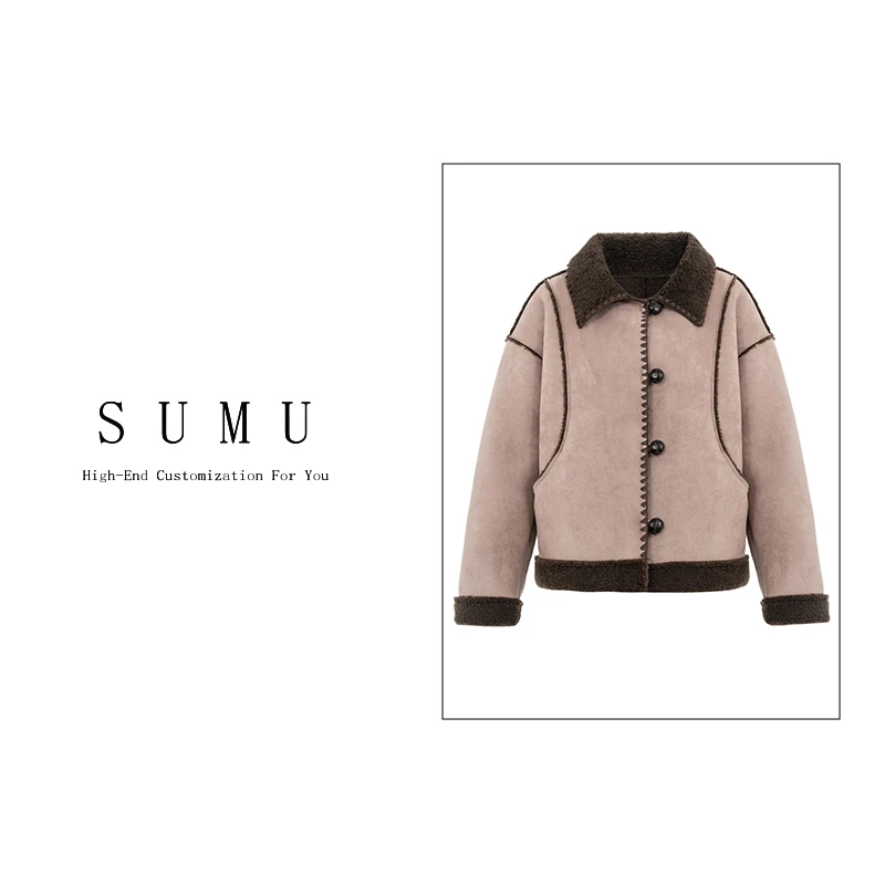 小雨女装自产10-26秋季2023新款韩版轻奢气质翻领颗粒绒外套1366