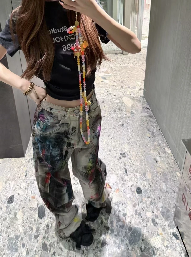AC 25ss3D蓝光打印彩绘脏脏涂鸦裤直筒长裤牛仔裤男女同款