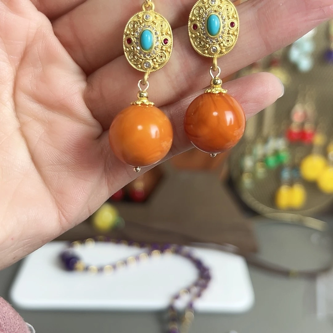 银S925镶嵌耳钉玛瑙/玉髓古风