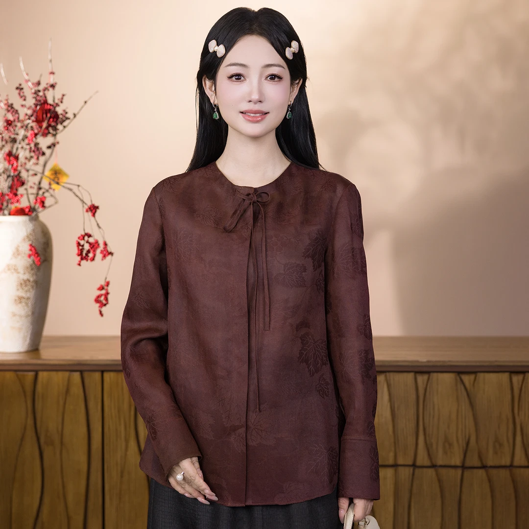 华裳格新中式桑蚕丝宽松圆领对襟葡萄提花香云纱上衣HS1513