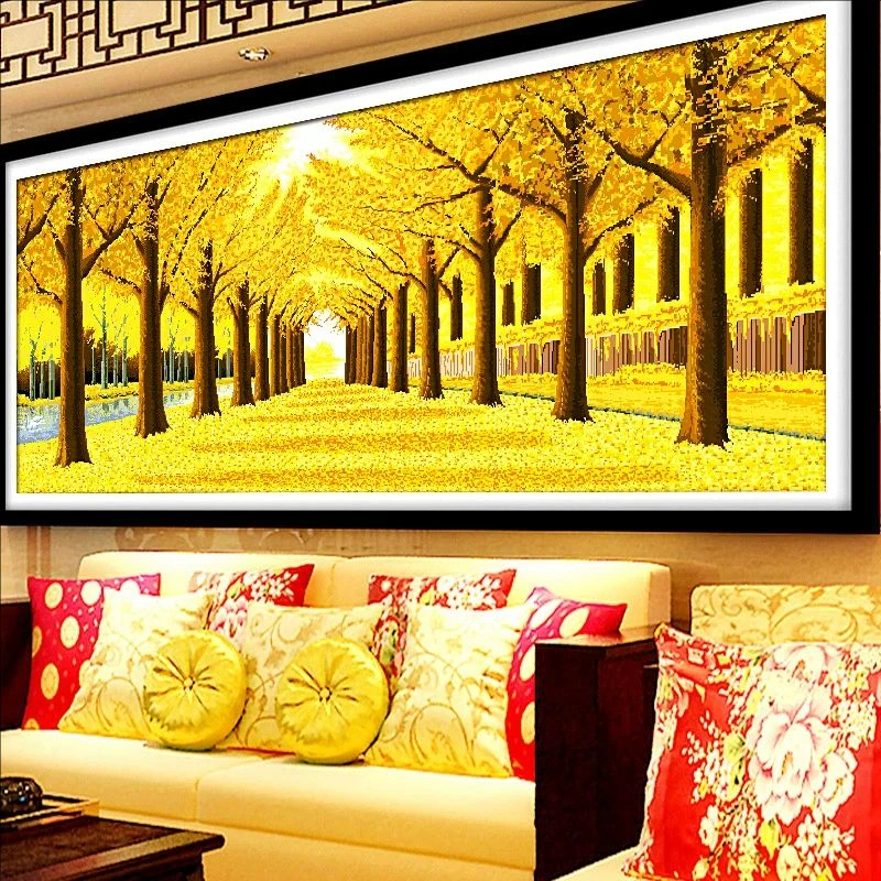 已绣好的十字绣成品纯手工黄金满地黄金大道客厅装饰挂画中式新款