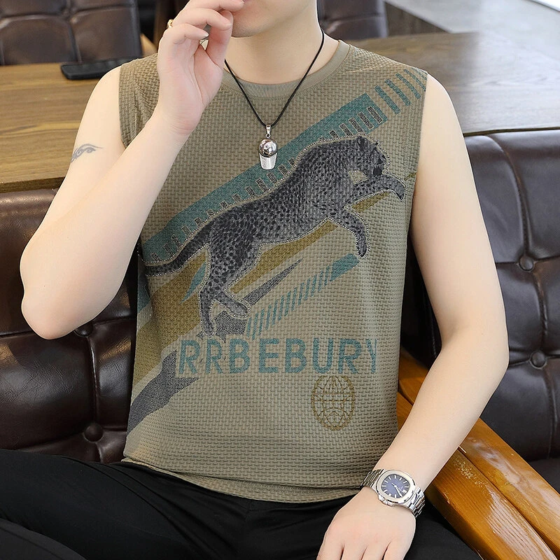 男士背心夏季无袖冰丝新款霸气潮流上衣圆领薄款豹子大码T恤汗衫