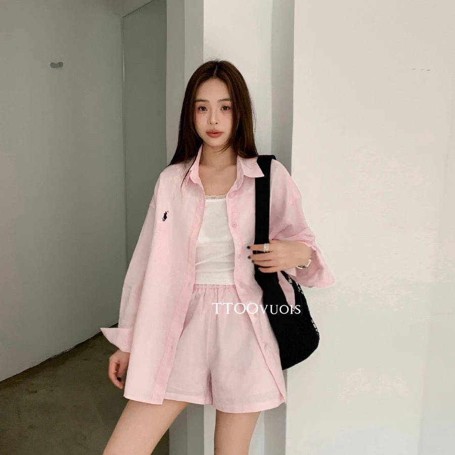 T.TOO 韩系净版亚麻防晒衬衫+松紧腰短裤两件套装女2025夏季新款
