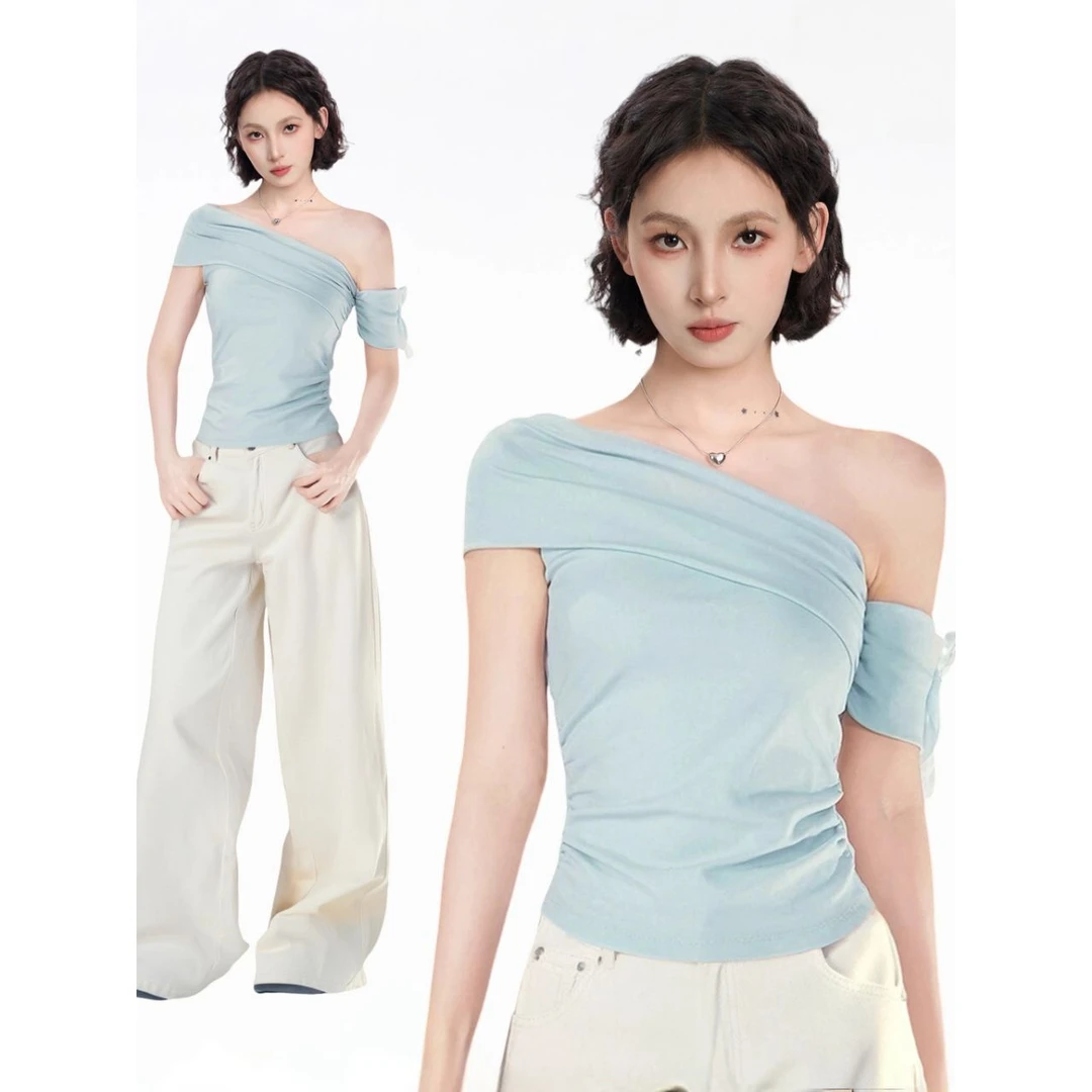 韩系蝴蝶结系带斜肩短袖t恤女夏季辣妹风别致设计感漂亮露肩上衣