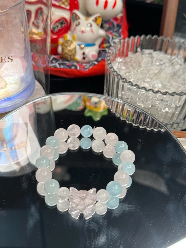 xy149 粉水晶海蓝宝粉晶蝴蝶结手串
