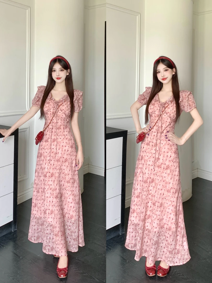 气质收腰显瘦扎染粉色波点中长裙2025夏新款法式温婉荷叶边连衣裙