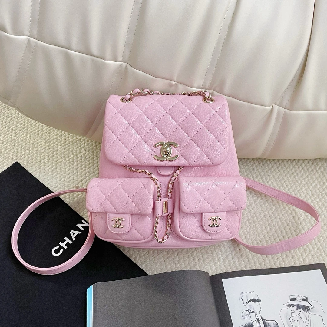 99新 Chanel/香奈儿 樱花粉25P荔枝牛duma双肩包中号JM12-2622