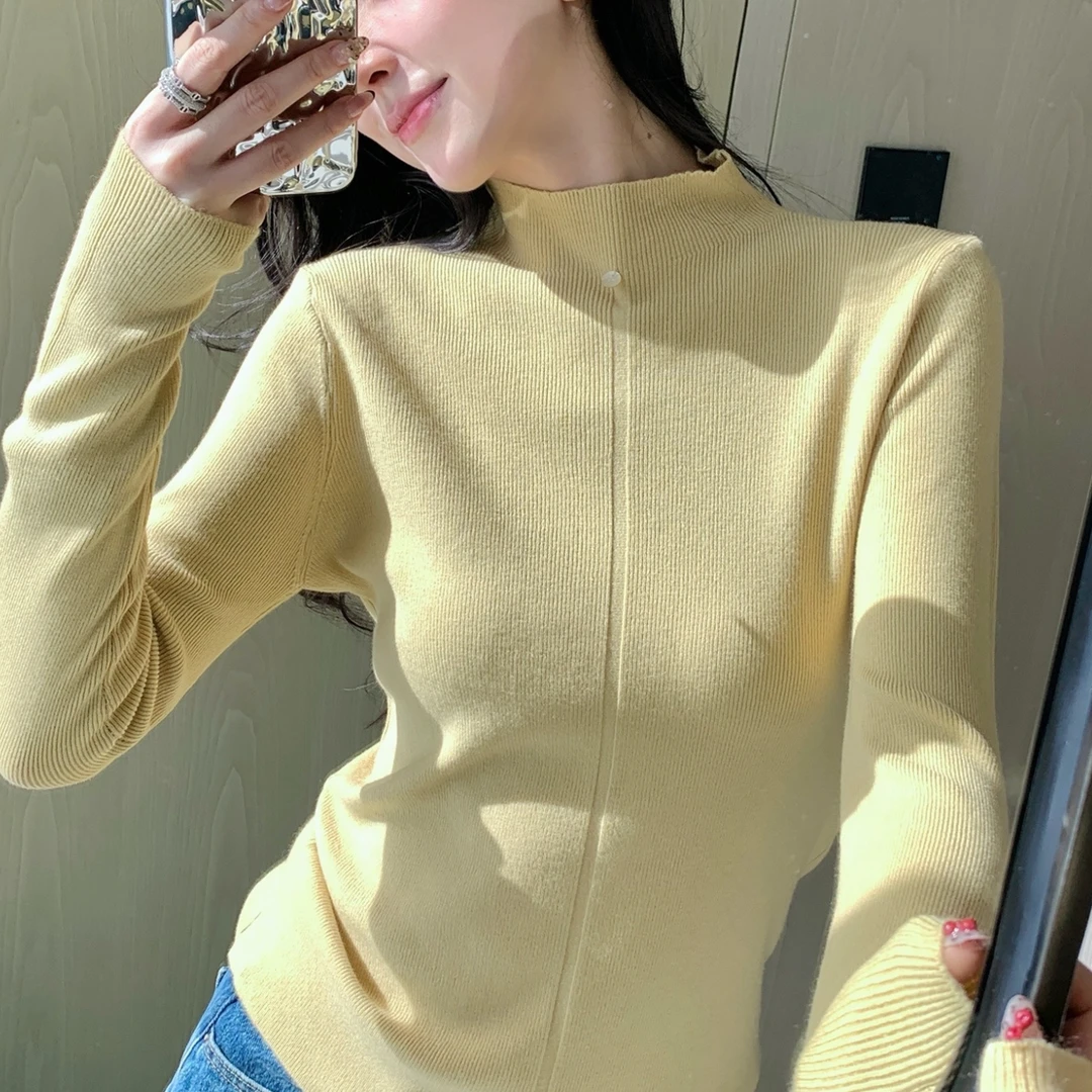 半高领打底衫长袖贝壳扣两面穿半高领秋冬修身显瘦打底针织衫女