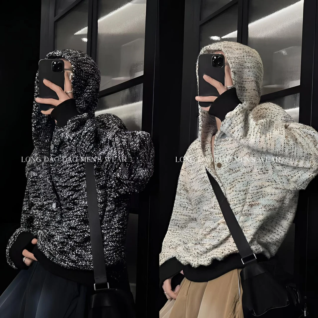 秋季上新款混色针织宽松连帽卫衣男士设计感时尚百搭痞帅休闲毛衣