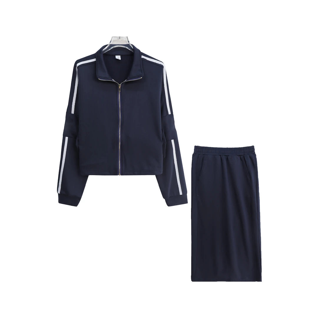 S运动时尚洋气条纹上衣高腰纯色半身裙套装S3984