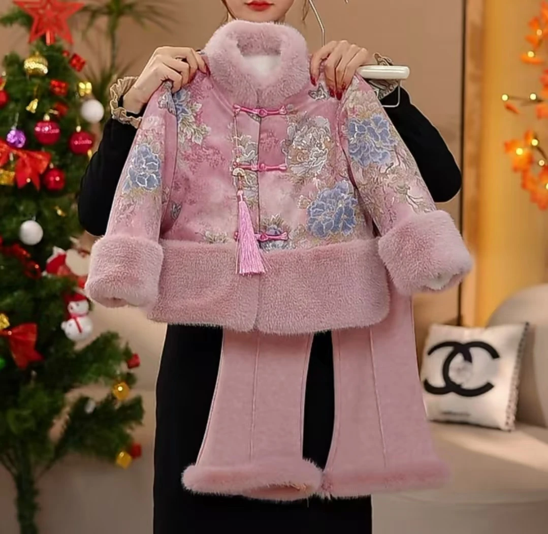 2025冬季新款年服中国风加绒女童国风印花外套潮酷时尚套DM005