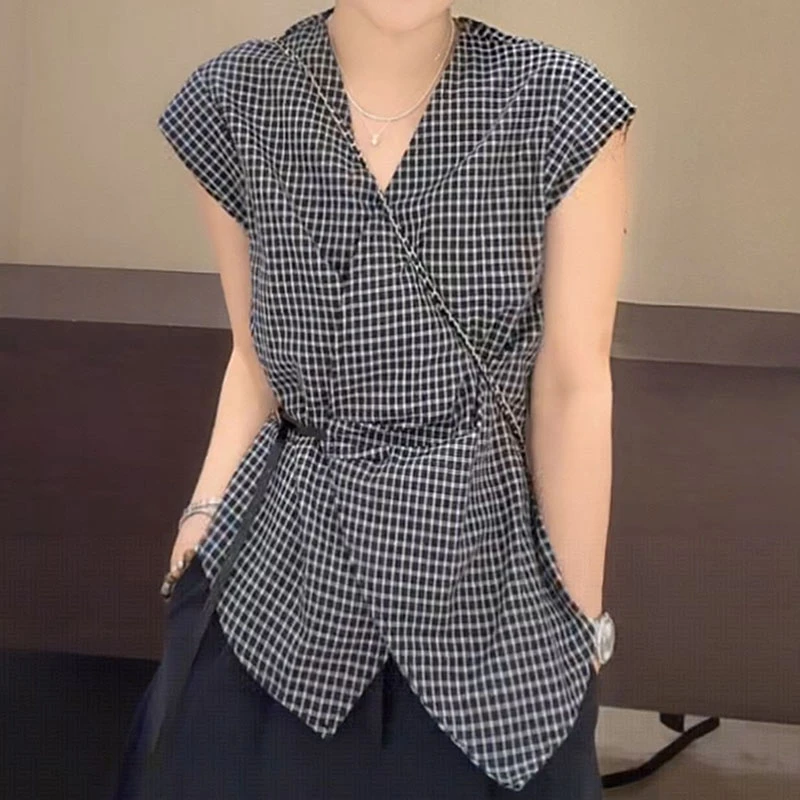 韩系复古收腰格子无袖衬衫女士2025夏季新款时尚气质百搭显瘦上衣